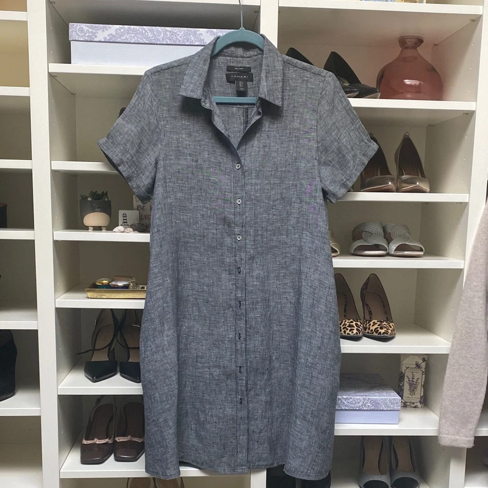 Tahari - Gray Linen Button-Down Dress!  Like NEW. Size S. - Picture 2 of 15